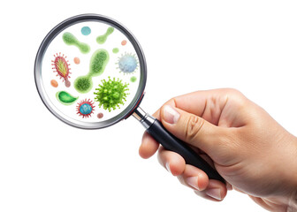 
Hand holding a magnifying glass with a bacteria sign simple on a white background