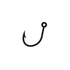 Simple fishing hook icon symbol with sharp point and eyelet for outdoor activities silhouette