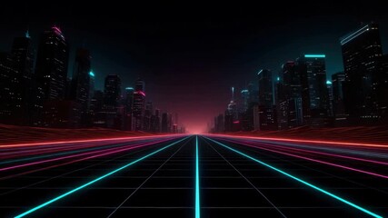 Neon cityscape with glowing grid road and futuristic skyline night featuring vibrant pink and blue light trails creating dynamic perspective and cyberpunk atmosphere with digital road and urban - Powered by Adobe