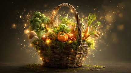Magical Woven Basket of Fresh Vegetables with Golden Fairy Light Glow