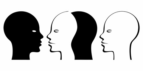 Abstract graphic representation of three human heads in profile two black and one white symbolizing connection and contrast