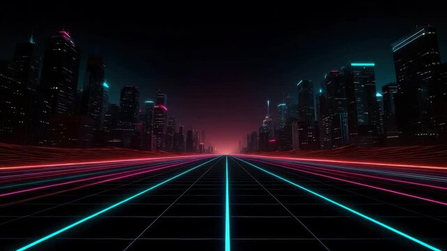 Neon cityscape with glowing grid road and futuristic skyline night featuring vibrant pink and blue light trails creating dynamic perspective and cyberpunk atmosphere with digital road and urban - Powered by Adobe