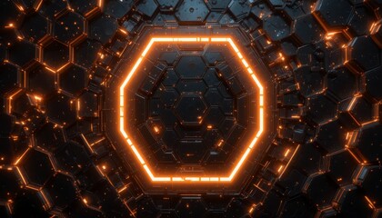 Abstract hexagonal tunnel with glowing orange light dark futuristic technology background perfect for science and technology presentations