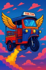 Flying tuk-tuk with wings in colorful sky
