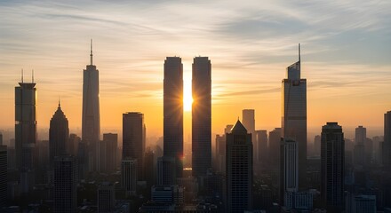Obraz premium sunset over the city - Beautiful view of city skyscrapers at sunset, with golden sunlight filtering between tall towers, capturing the beauty of urban evenings.