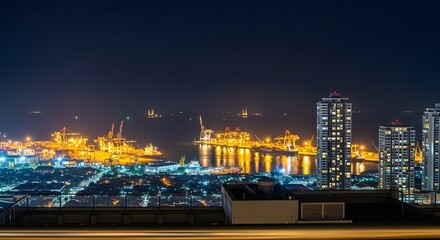Fototapeta premium Night cityscape overlooking a harbor with glowing skyscrapers and reflections on the water, symbolizing urban industry and growth.