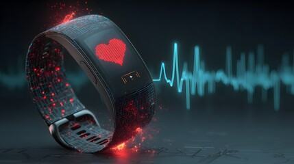 Fitness Tracker Smartwatch with Red Heart Rate Display and Abstract ECG Graph