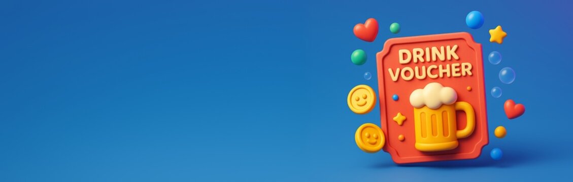Colorful drink voucher icon with beer mug, emojis, and heart shapes on blue background with empty copyspace for design or advertising template. Ai generative