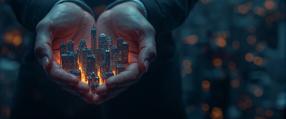Hands holding miniature city with glowing skyscrapers at night 