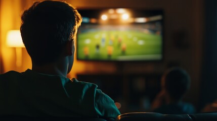 Exciting football match night living room digital entertainment cozy atmosphere rear view family connection