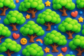 Fototapeta premium Playful cartoon-style green trees with emoji icons on vibrant blue background expressing cheerful environment concept in seamless pattern design. Ai generative