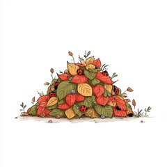 Cartoon hand-drawn leaf pile with hidden tiny critters (ladybugs, snails), whimsical seasonal scene, white background.