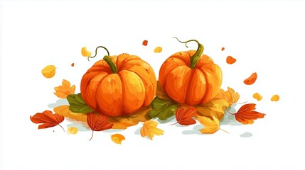 Cartoon pumpkins with colorful fallen leaves around them, isolated on white, whimsical autumn theme, vector illustration.