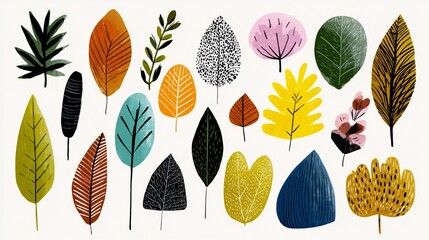Collection of hand-drawn autumn leaves in various shapes and sizes, playful textures, isolated on white background.