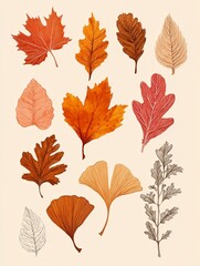 Collection of hand-drawn leaves in warm autumn tones, maple, oak, and ginkgo leaves, playful style with detailed edges, isolated.