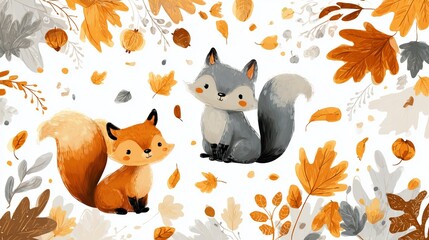 Cute wild animal (fox) surrounded by falling leaves in autumn. Cartoon vector. White background.