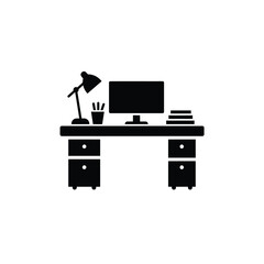 Simple icon of a modern desk with computer lamp and books for home office setup silhouette