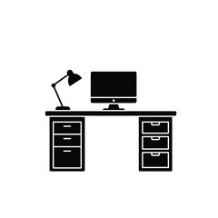 Modern home office desk setup with computer monitor and lamp workspace essentials silhouette