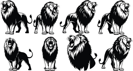 Roaring lion, black and white, graphic illustration, bold style, majestic animal, wild predator, lion head, mane detail, vector art, posture variation