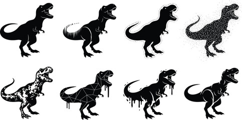 T-rex silhouette, dinosaur graphic, artistic styles, pixelated texture, dripping paint, low-poly design, disintegration effect, black outline, prehistoric creature, vector art