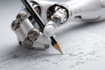 Robotic hand holding a pencil and solving complex mathematical equations on white paper symbolizing advanced technology and artificial intelligence in education and resea