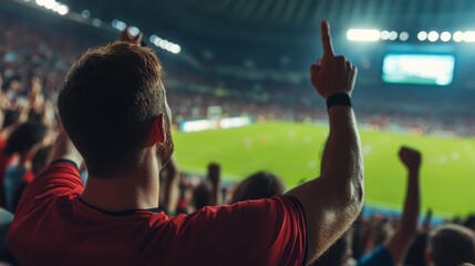 Exciting sports event soccer match stadium fan celebration nighttime enthusiastic viewpoint sportsmanship passion