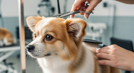 Close-up of a cute dog being groomed with scissors and brush in a modern pet salon