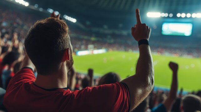 Exciting sports event soccer match stadium fan celebration nighttime enthusiastic viewpoint sportsmanship passion