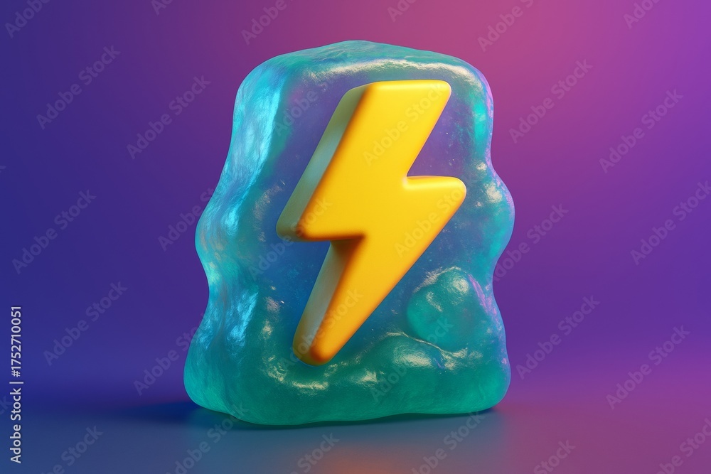 Wall mural glossy yellow lightning bolt encased in translucent blue form on colorful gradient background, symbo