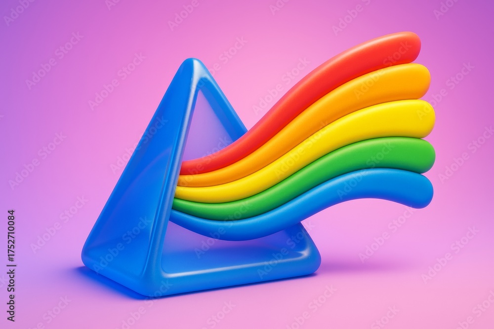 Wall mural abstract blue triangle shape emitting colorful rainbow light beams on a pink gradient background in 