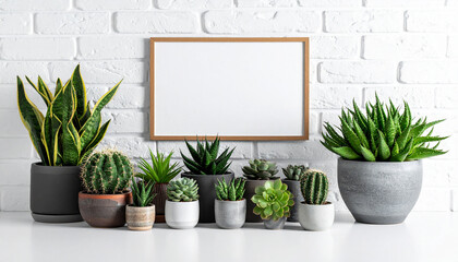 Fototapeta premium Assortment of green potted succulents and cacti arranged on a white surface snake plant aloe vera