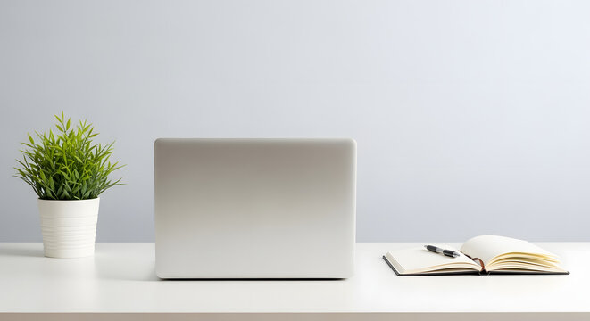 Minimalist workspace setup with laptop plant and notebook on a white desk against a light gray wall