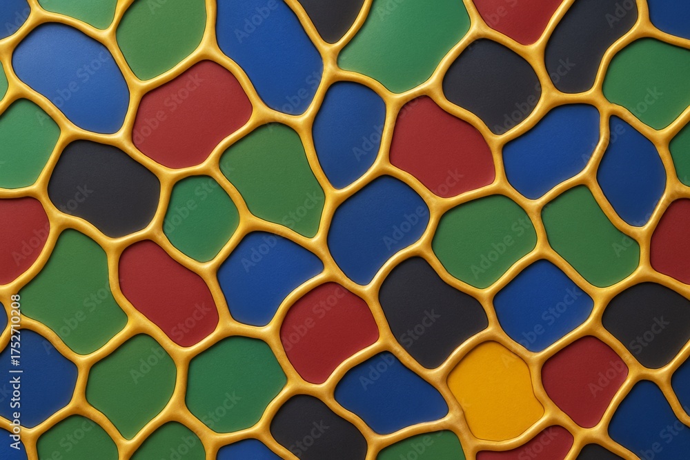 Wall mural abstract colorful mosaic with organic shapes and golden outlines forming a seamless pattern on a dar