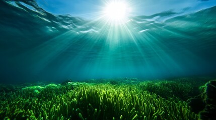 Underwater sunlight illuminates vibrant coral reef ocean floor photography marine environment aerial view nature's beauty
