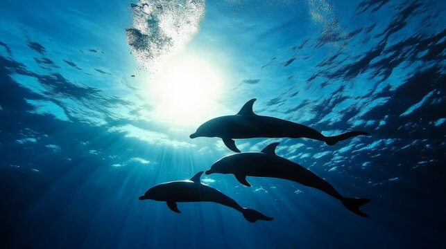 Dolphins swimming gracefully beneath the sunlit ocean marine life underwater scene scenic view tranquility in nature