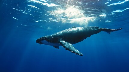 Fototapeta premium Humpback whale swimming gracefully in the deep blue ocean underwater photography marine environment serene viewpoint ocean conservation