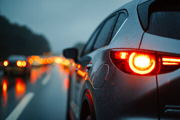 Wet road scene with a modern suv and blurred taillights on a rainy evening