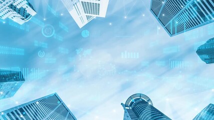 A vibrant view of a modern urban skyline featuring high-rise buildings set against a bright blue sky, embellished with digital graphics and data visualization for a tech-inspired feel. Xenic - Powered by Adobe