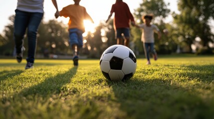 Children playing soccer in park during sunset outdoor sports activity grass field joyful environment dynamic viewpoint for family fun