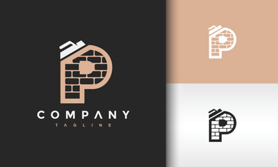 P Letter Logo with Brick Texture and House Elements