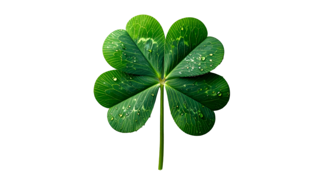Vibrant green four-leaf clover with water droplets on a black background
