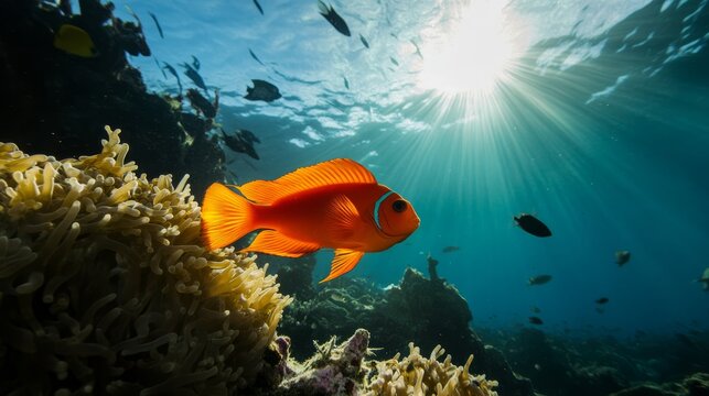 Underwater adventure vibrant clownfish swimming among coral reefs tropical ocean marine life photography sunlit environment close-up perspective