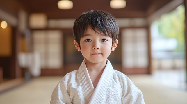 Young Boy in Traditional Japanese Martial Arts Uniform.