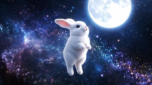 A cute white rabbit floating in space with a full moon in the background, a whimsical illustration.