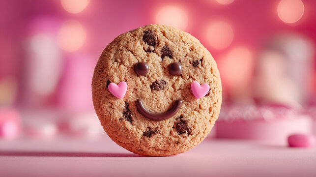 A chocolate chip cookie with a smiley face and heart shaped cheeks. - Powered by Adobe