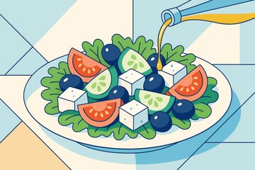 Colorful Greek salad with feta, olives, cucumbers, and tomatoes on a plate with dressing being poured, illustrated in a modern flat style. Ai generative