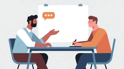 illustration of Two employees, one an artist and the other a writer, are chatting about a project.eps