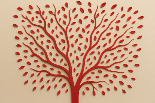 Vibrant red tree with intricate branches and leaves is displayed against soft beige background, creating striking contrast. This artistic representation evokes feelings of warmth and creativity