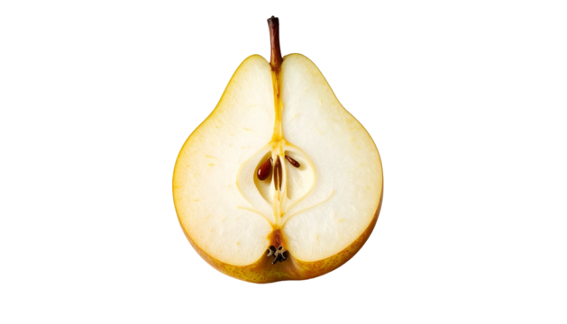 Sliced pear, showing seeds and core, isolated against black background