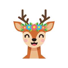 Adorable fawn wearing a vibrant floral crown with closed eyes and happy expression vector
